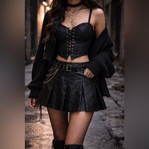 Goth Grunge Black Vegan Leather Pleated Skirt Size L